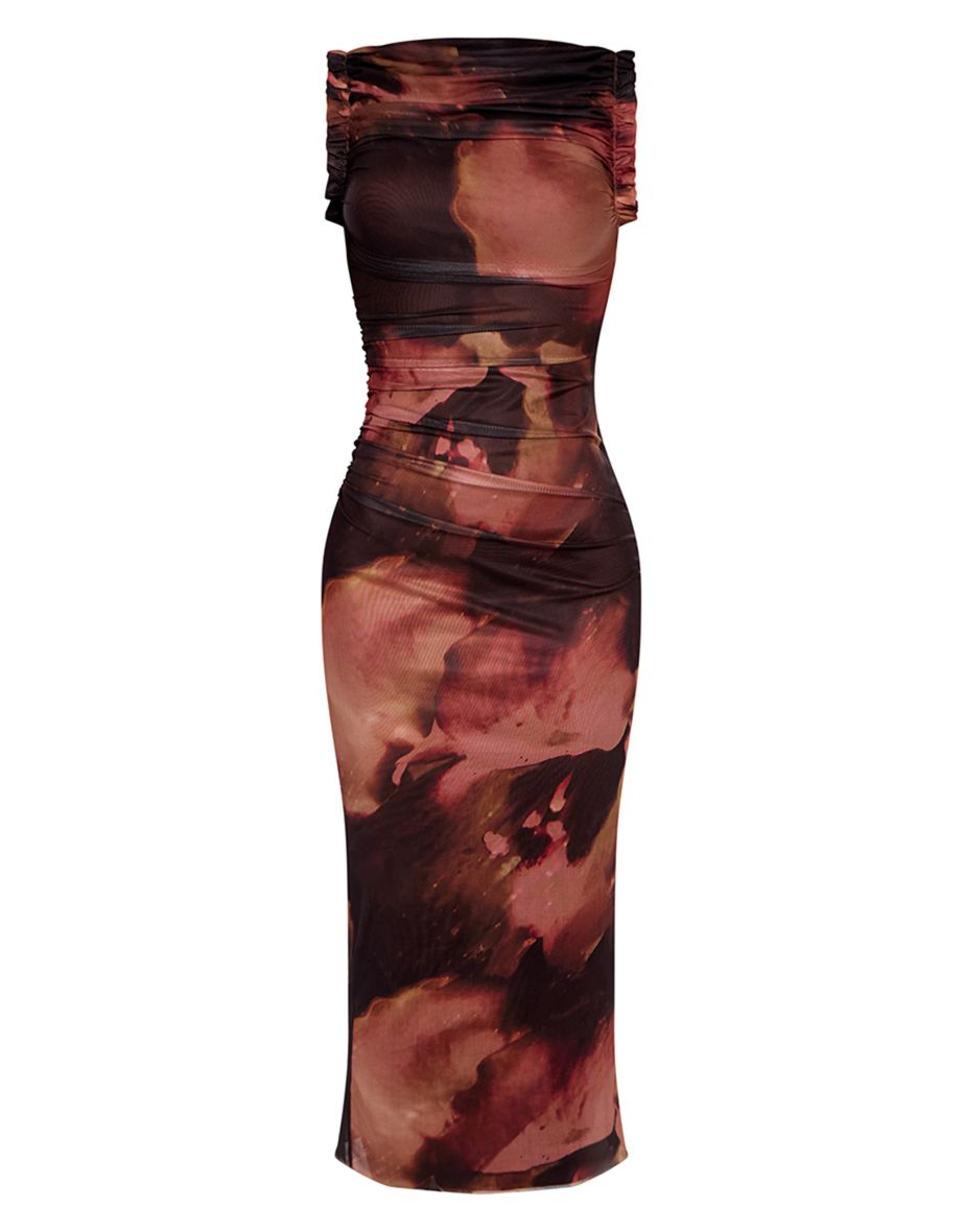 Brown Abstract Print Mesh Racer Neck Maxi Dress - 4
