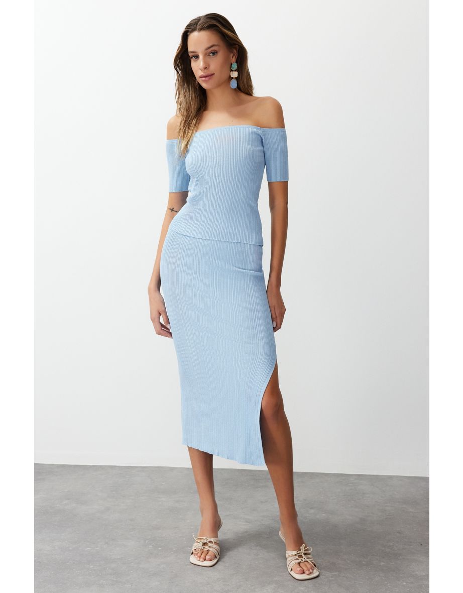 Blue Short Sleeve Blouse/Skirt Knitwear Bottom-Top Set