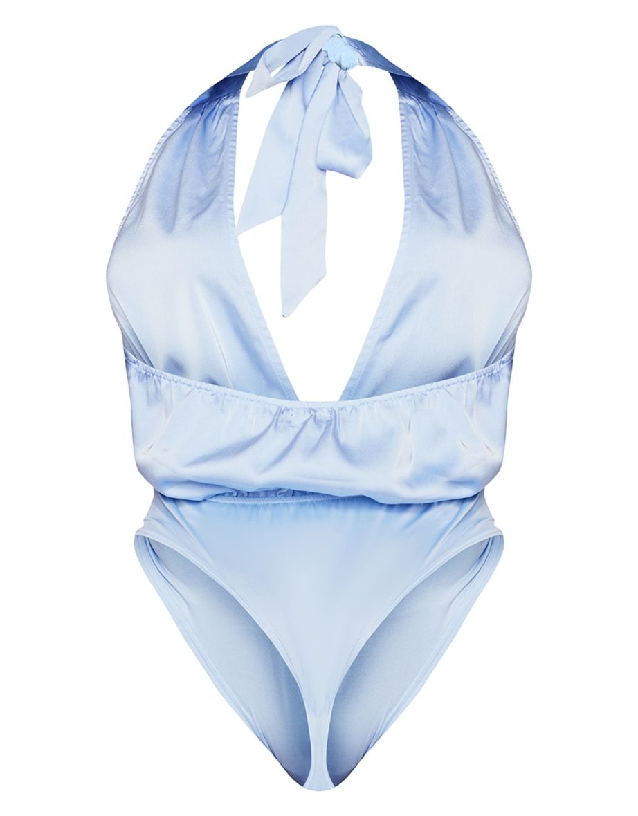 Shape Light Blue Satin Ruched Halterneck Bodysuit - 5