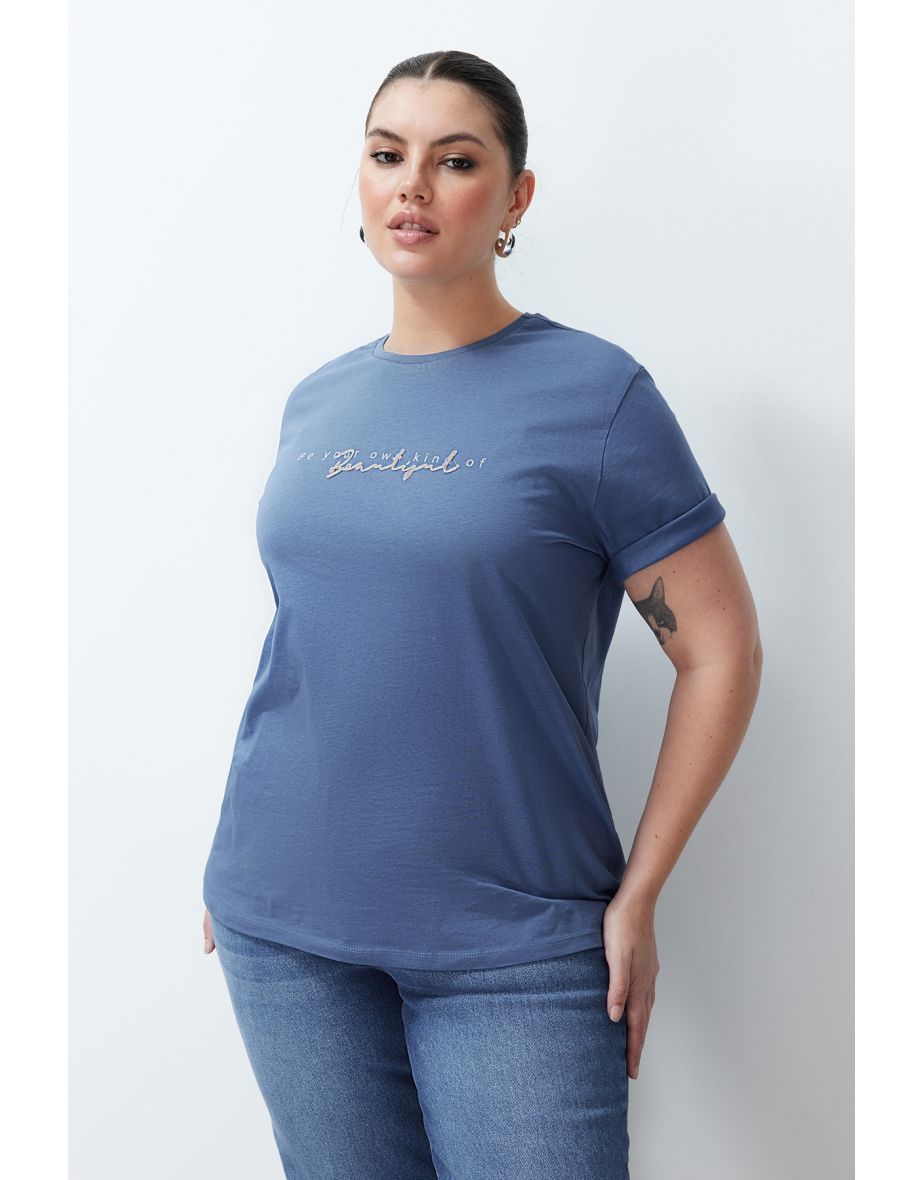 Indigo Print and Embroidery Detail Boyfriend Knitted T-shirt