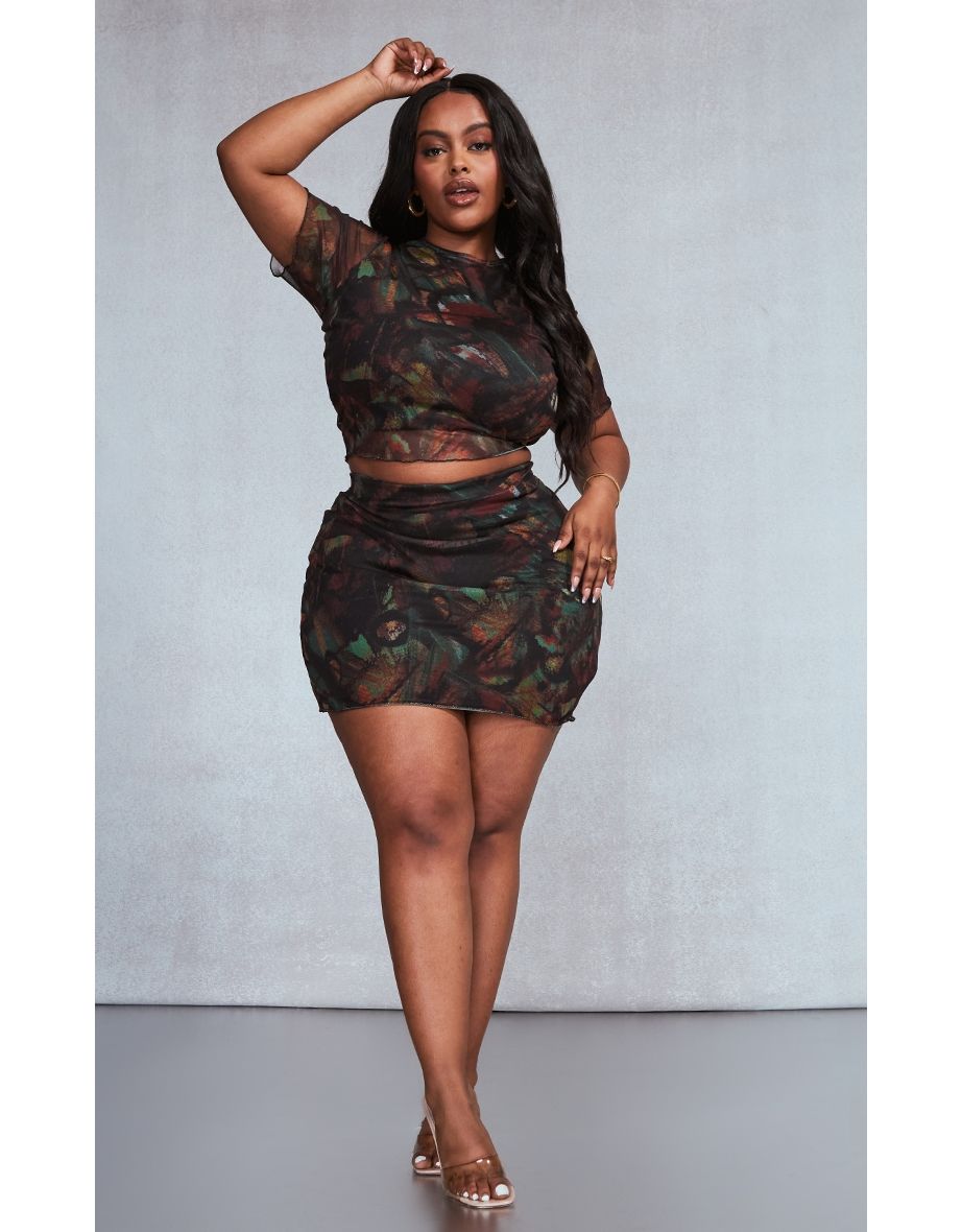 Plus Multi Printed Lettuce Hem Mesh Top
