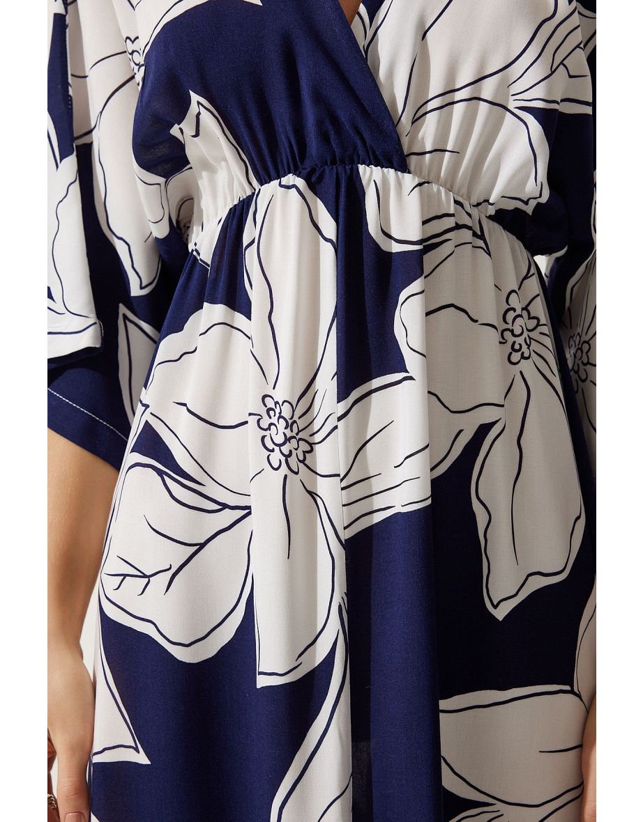 Women's Navy Blue White Wrapover Neck Patterned Summer Viscose Dress - 6