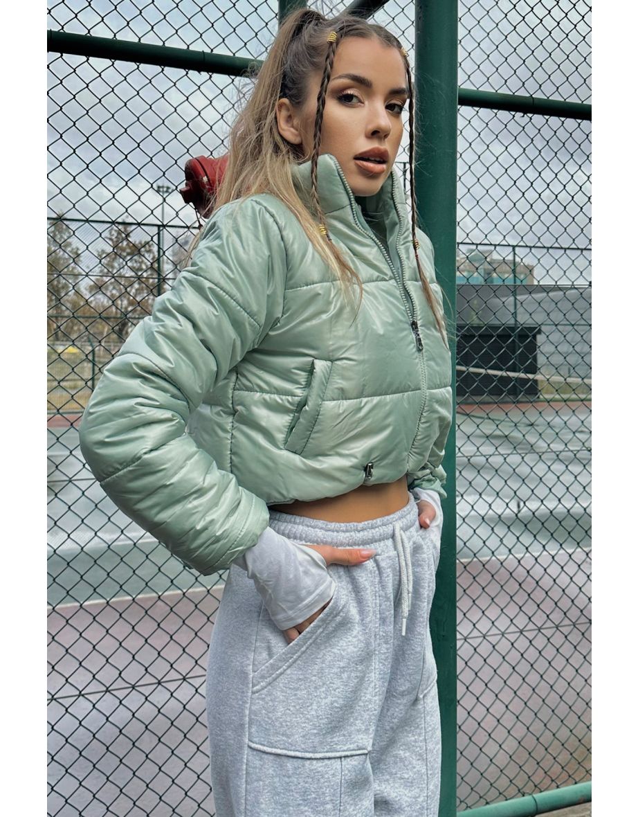 Women's Mint Stand Collar Double Pocketed Inflatable Puffer Coat with Elastic Waist