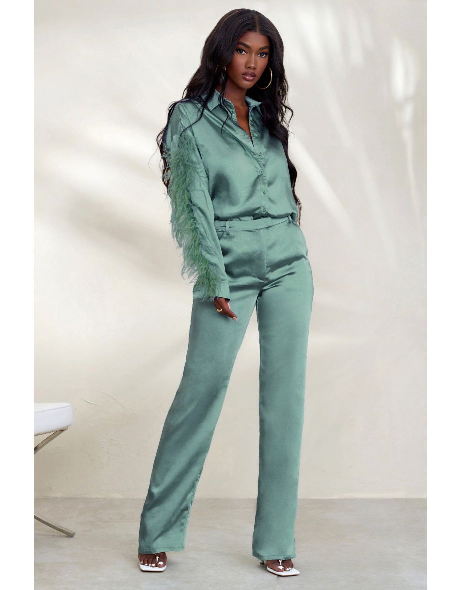 Evening Memories | Duck Egg Blue Satin Wide Leg Trousers - 4
