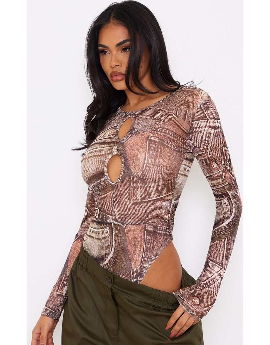 Brown Printed Mesh Long Sleeve Keyhole Bodysuit