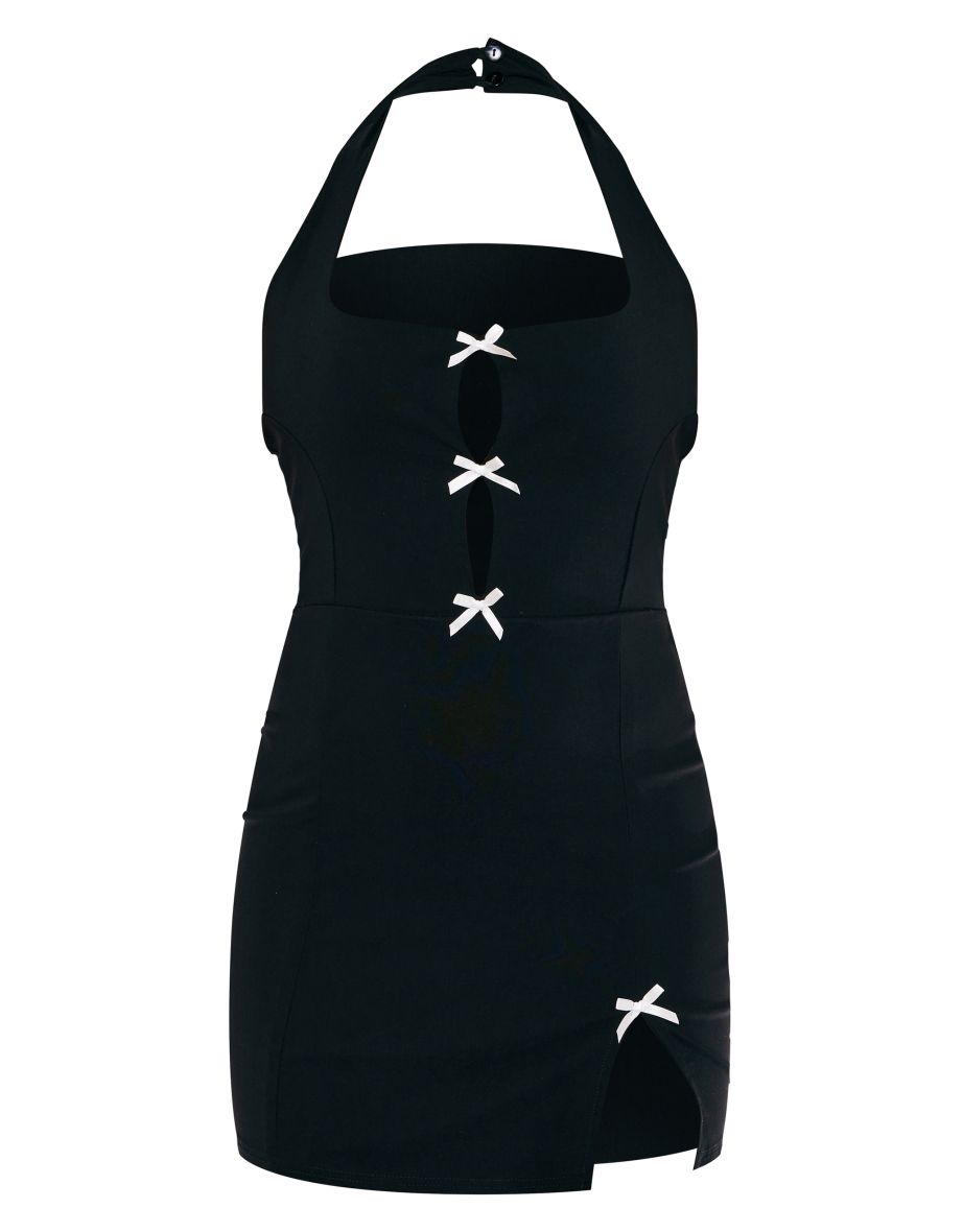 Black Stretch Woven Bow Detail Halterneck Bodycon Dress - 4