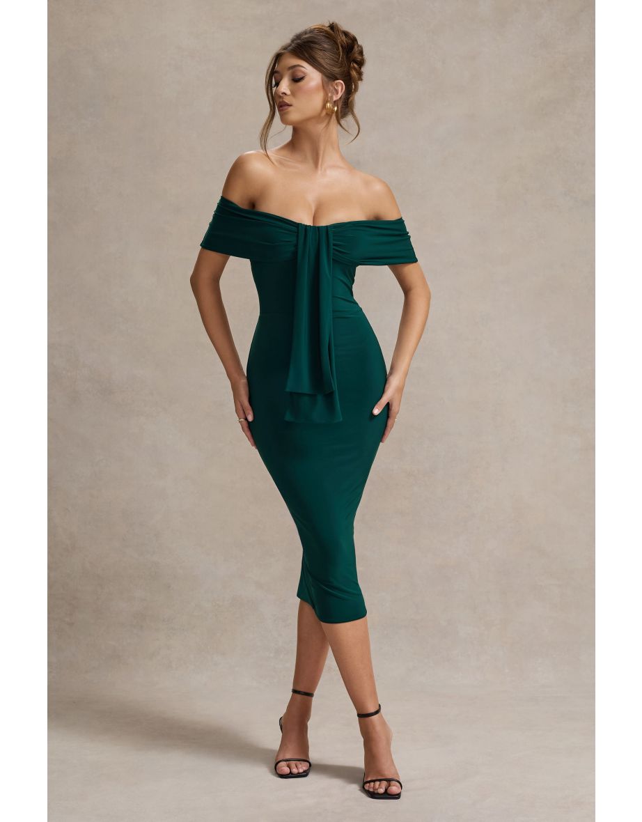 Selbie | Bottle Green Bardot Midi Dress With Drape