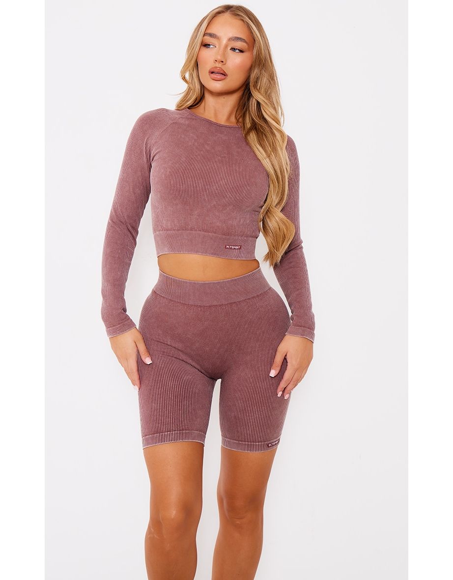 PLT Sport Deep Brown Acid Wash Seamless Rib Ruched Bum Booty Shorts