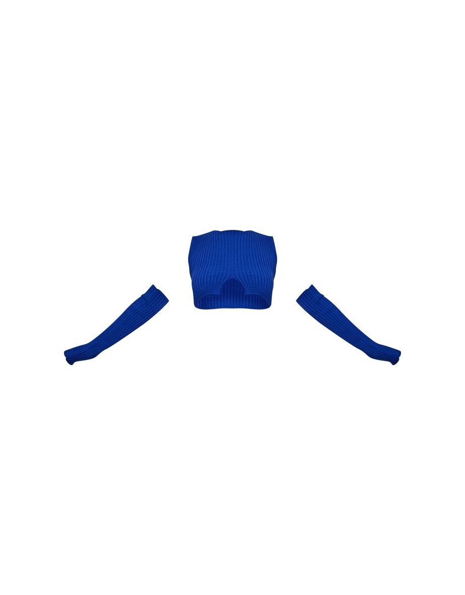 Bright Blue Rib Knit Racer Crop Top & Sleeves - 4