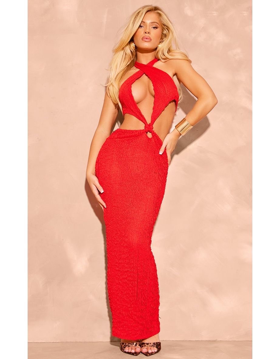 Tomato Red Textured Halterneck Cross Front Maxi Dress