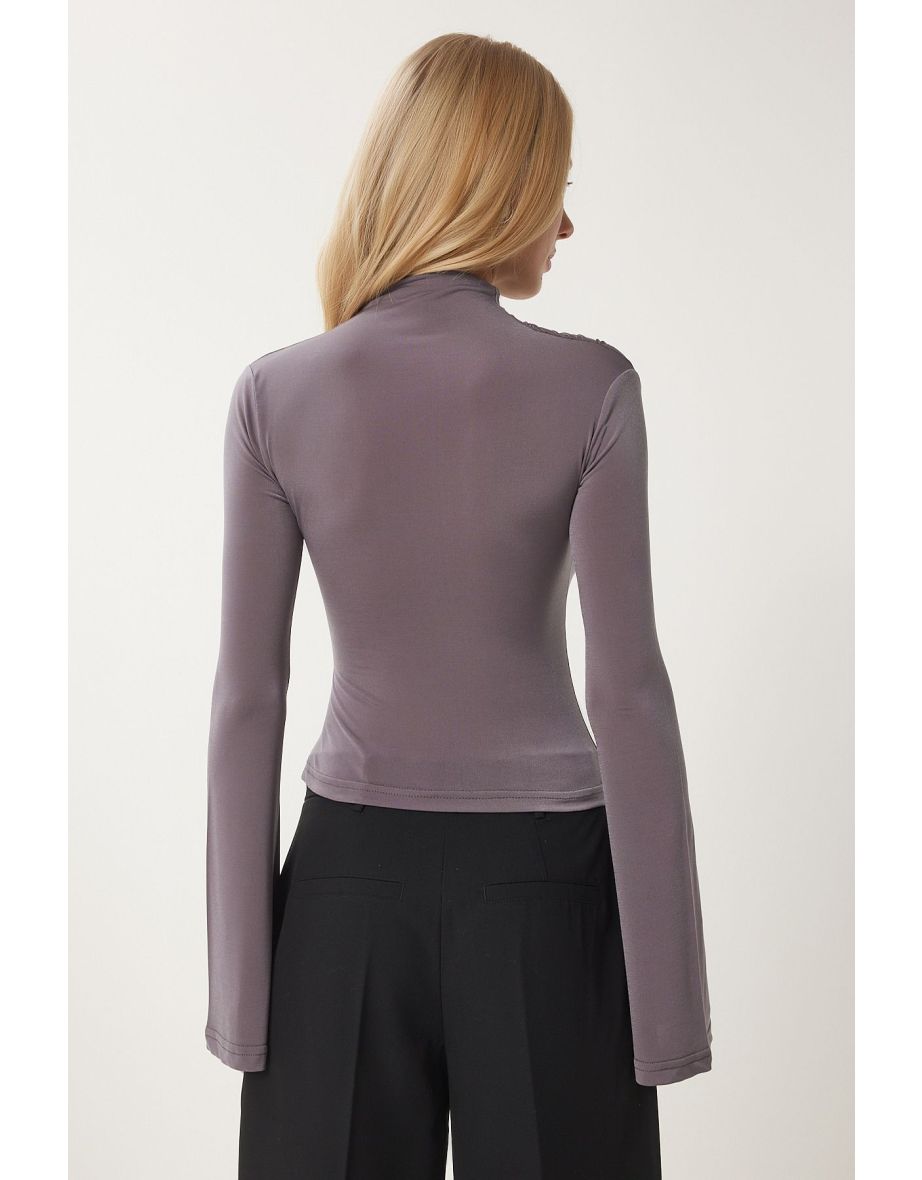 Women's Gray Spanish Sleeve Gathered Sandy Knitted top - 5