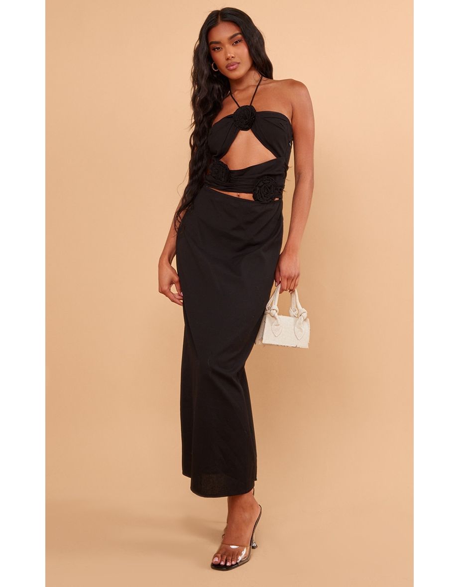 Black Linen Look Rose Detail Tie Neck Cut Out Maxi Dress