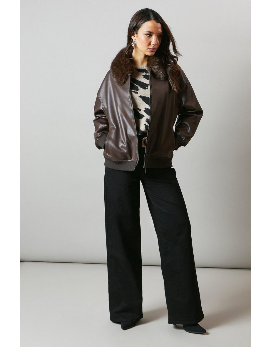 Fur Collar Faux Leather Bomber - chocolate