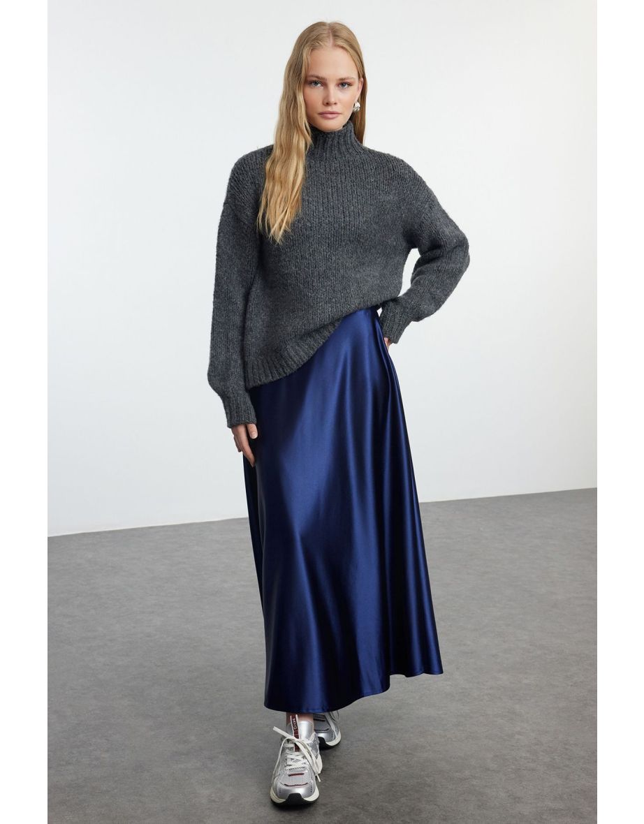 Navy Blue A Line/Flare Cut Midi Skirt