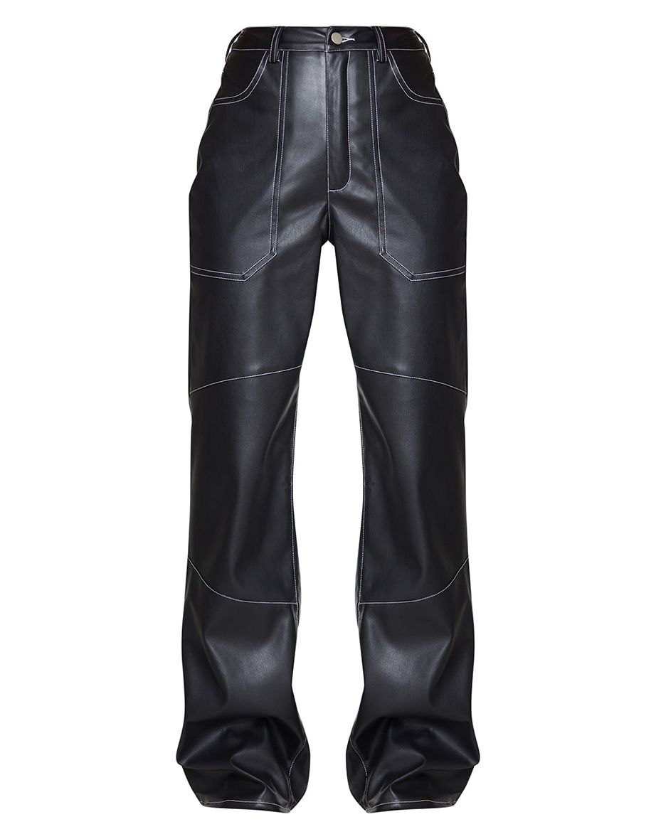 Black Faux Leather Seam Extreme Wide Leg Trousers - 4