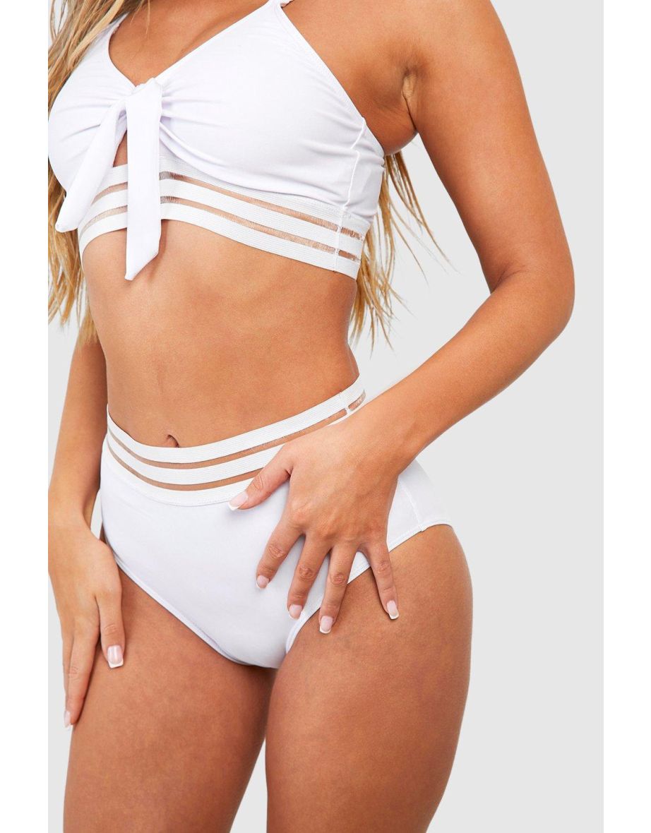 Mesh Tape High Waisted Bikini Set - white - 2
