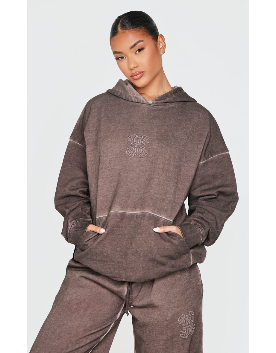PRETTYLITTLETHING Washed Brown Premium Embossed Oversized Hoodie