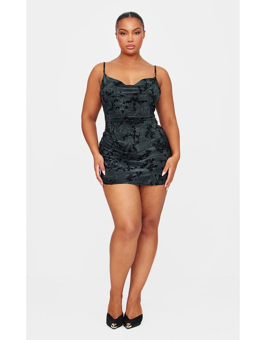 Plus Grey Floral Printed Devore Cowl Neck Dress