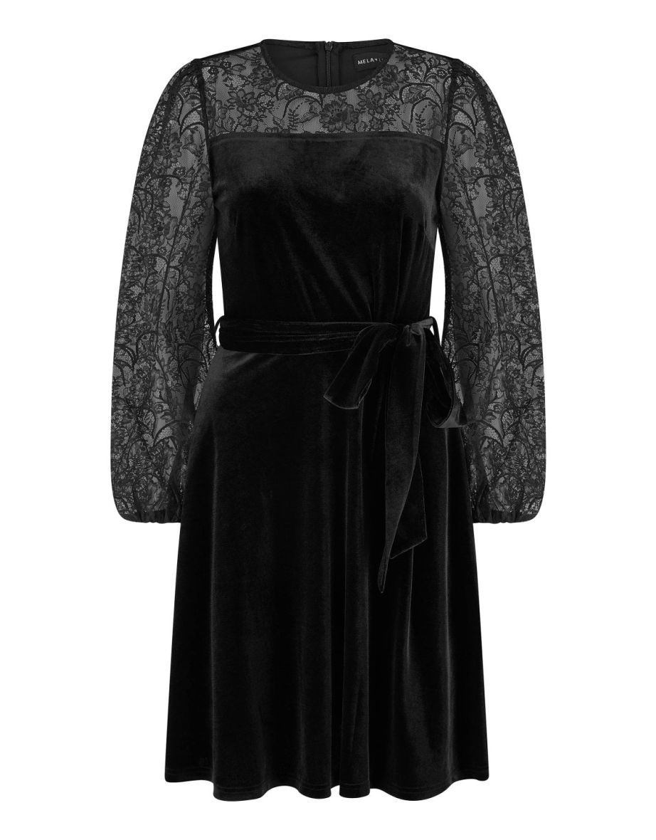 Yumi Black Velvet Skater Dress With Lace Sleeves - 6