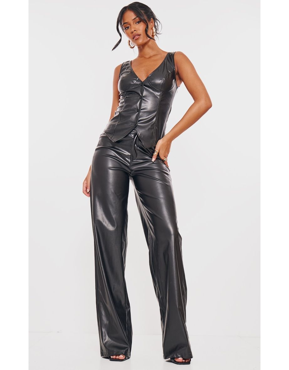 Tall Black Faux Leather Plunge Waistcoat