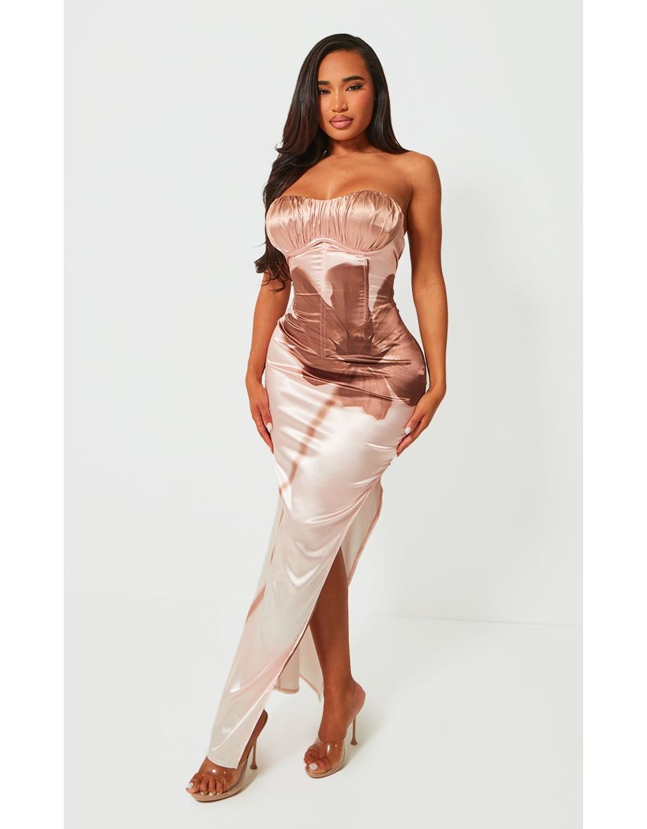 Shape Baby Pink Printed Satin Bandeau Ruched Bust Midaxi Dress