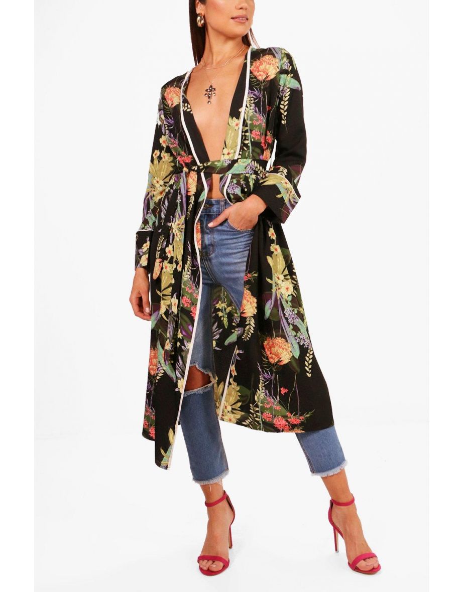 Dark Floral Belted Kimono - black - 3