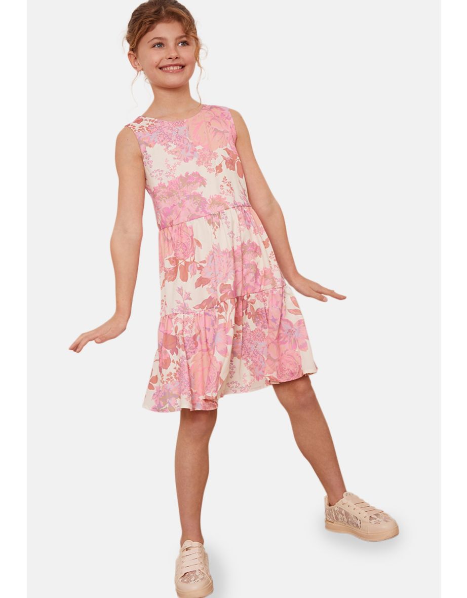 Girls Floral Print Midi Dress in Pink