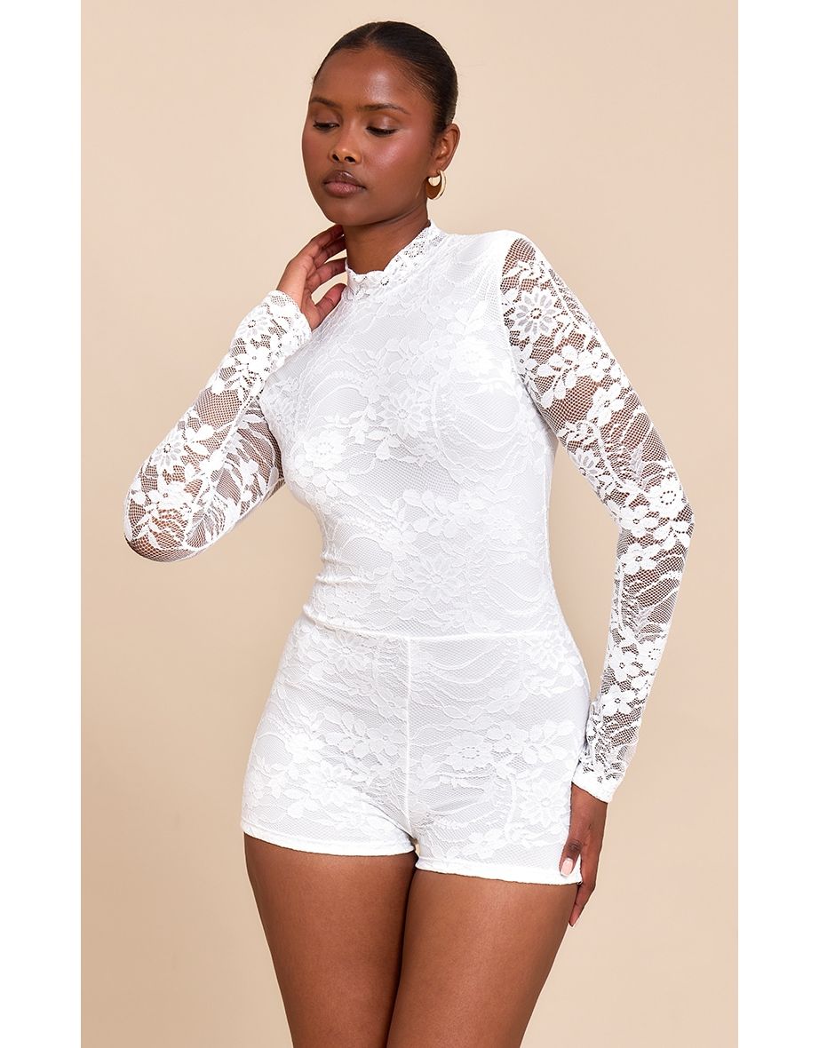 White Lace Lined Long Sleeve Boat Neck Playsuit
