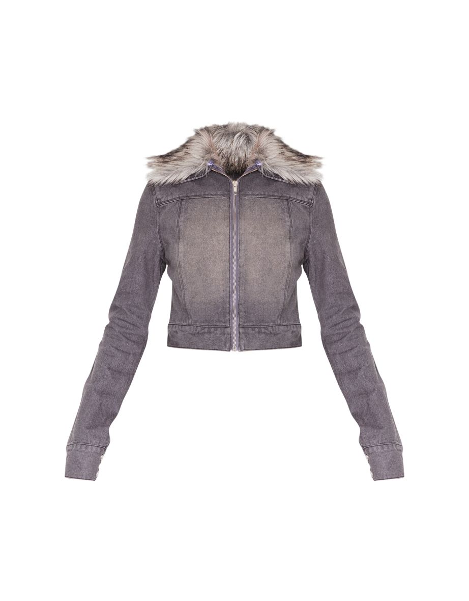 Washed Grey Faux Fur Trim Denim Biker Jacket - 4