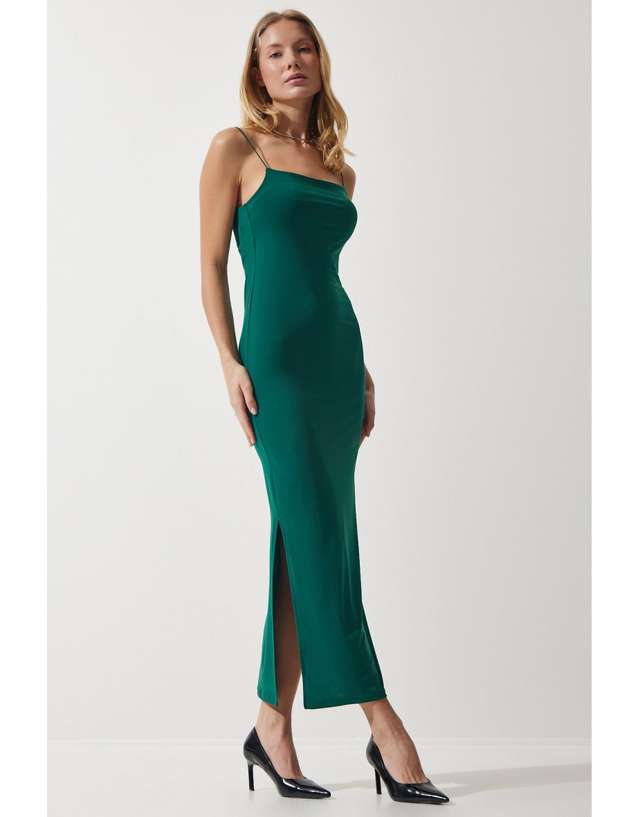 Women's Dark Green Rope Strap Slit Saran Sandy Dress - 4
