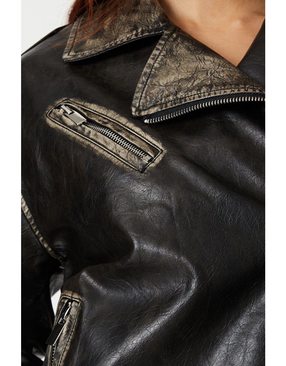 Washed Distressed Pu Biker Jacket - 3