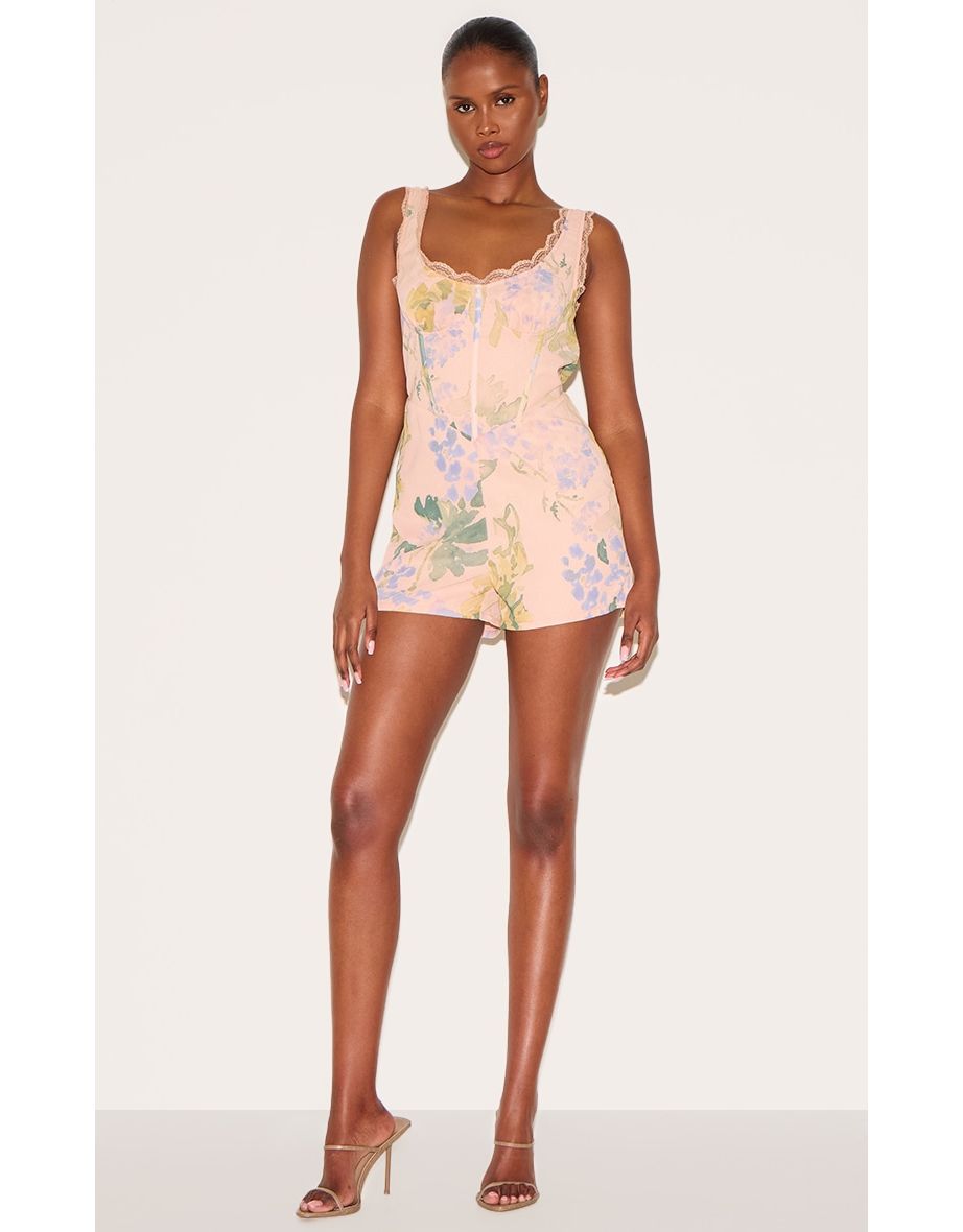 Lemon Floral Printed Chiffon Corset Detail Playsuit