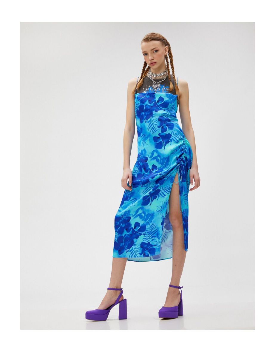 A Slit Floral Midi Dress Crisscross Back Thin Straps Straight Collar - 3