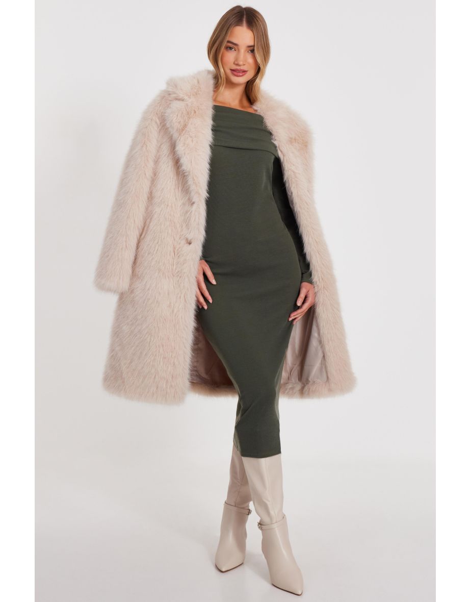 Khaki Ribbed Bardot Midi Dress