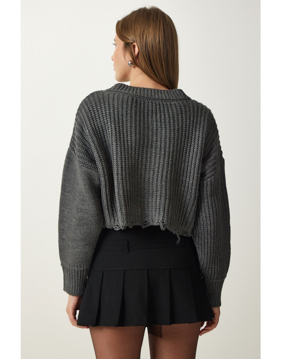 Women's Gray Ripped Detailed Buttoned Crop Knitwear Cardigan - 4