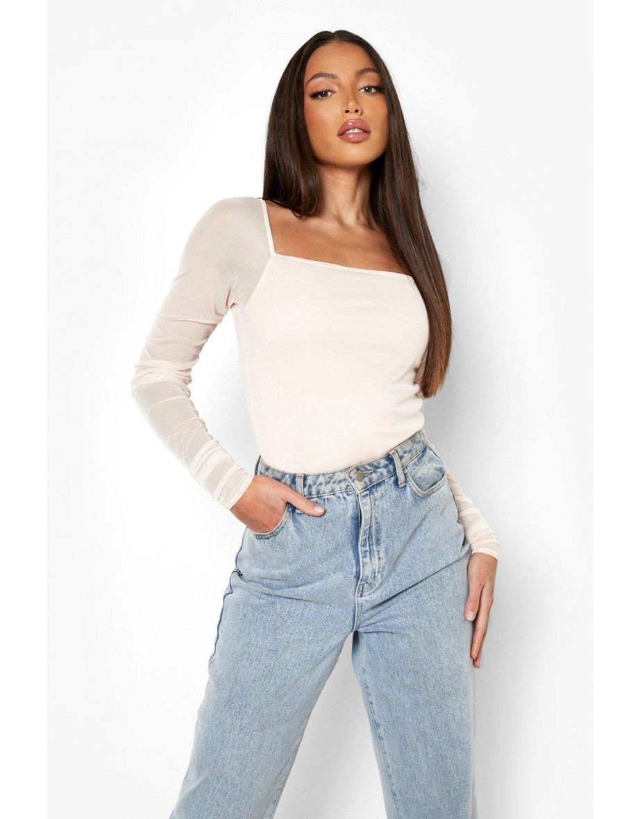 Tall Square Neck Mesh Bodysuit - nude