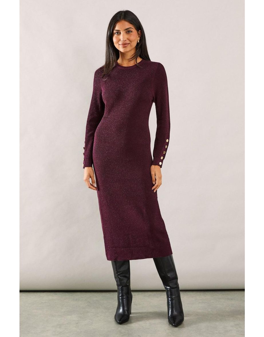 Button Cuff Round Neck Midaxi Dress