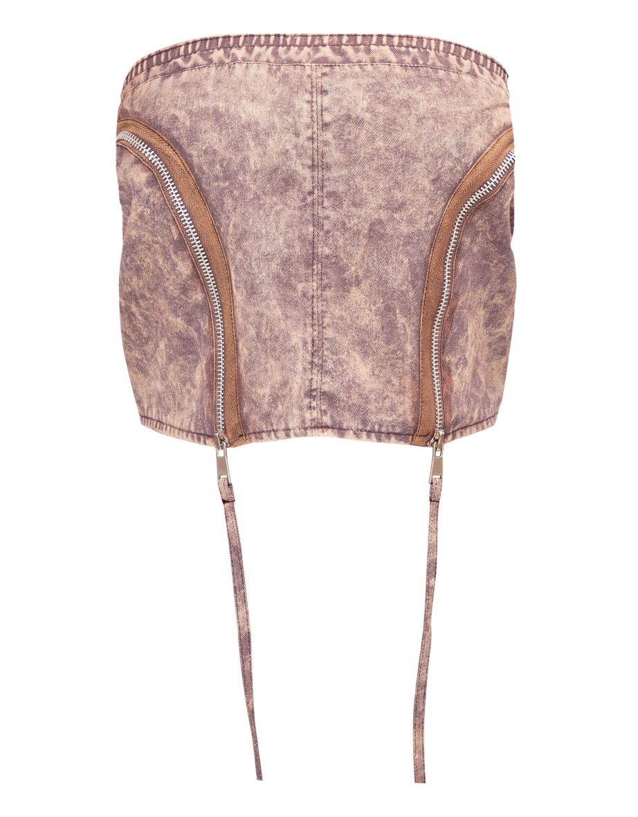 Petite Brown Acid Wash Zip Detail Crop Top - 4