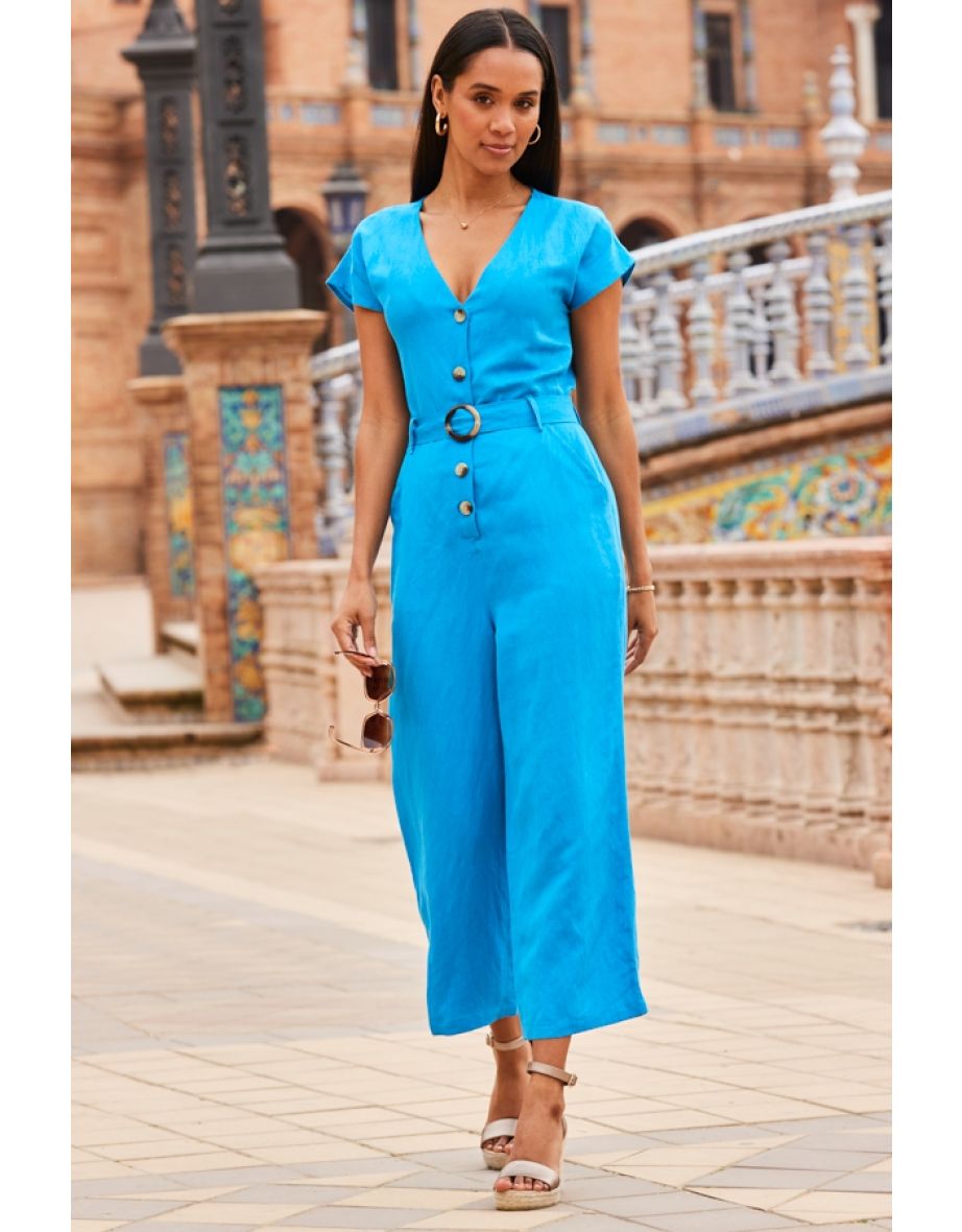 Sky Blue Linen Belted Culotte Jumpsuit - 4