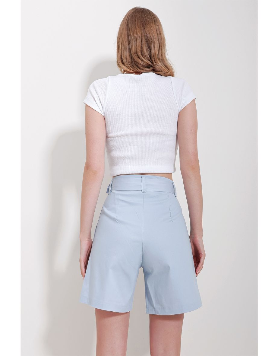 Women's Blue Double Pocket Waist Belted Gabardine Shorts - 4