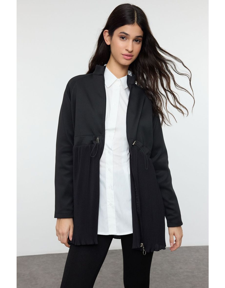 Black Diver/Scuba Pleated Zippered Woven Tunic
