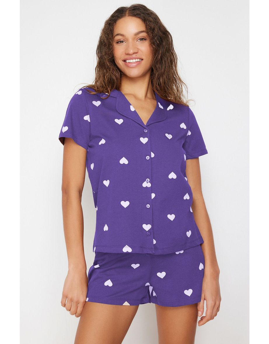 Lilac 100% Cotton Heart Shorts Knitted Pajama Set