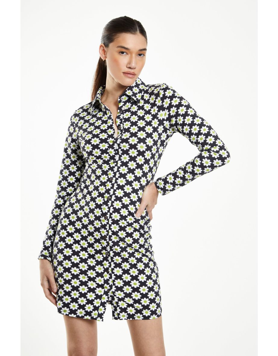 Glamorous Sixties Flower Jersey Long Sleeve Bodycon Dress with Collar