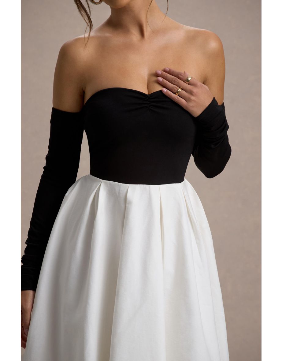 Solada | Black & Cream Bardot Pleated Maxi Dress - 6