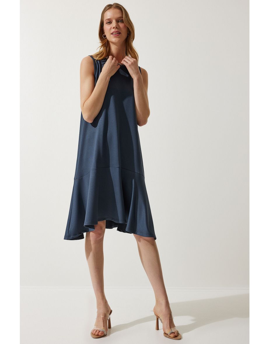 Women's Indigo Blue Crew Neck Knitted Flounce A-Line Dress
