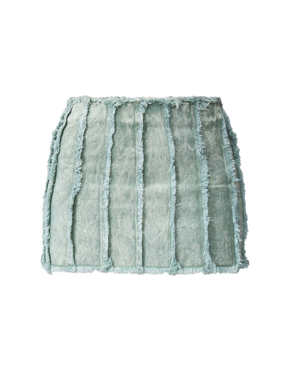 Petite Washed Green Fray Detail Denim Mini Skirt - 5