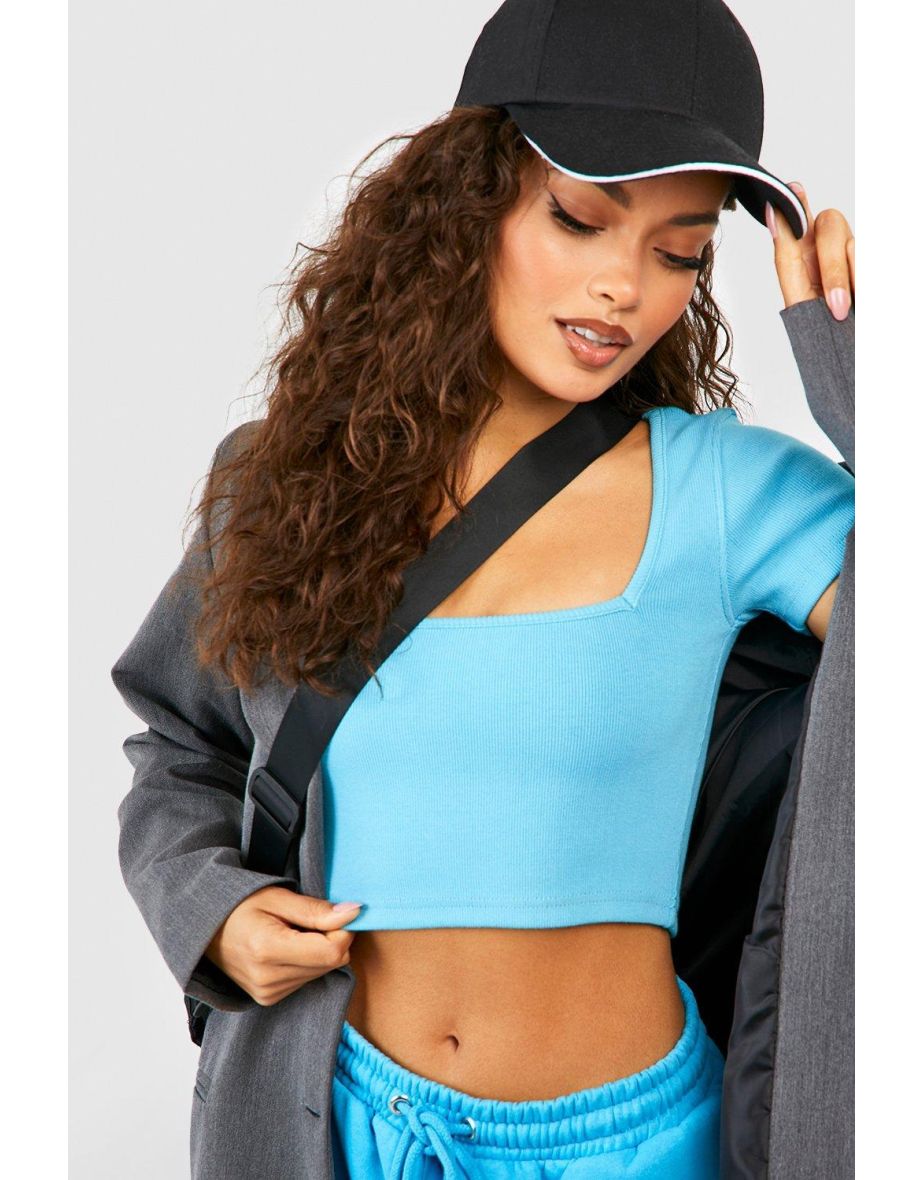 Square Neck Short Sleeve Crop Top - turquoise - 3
