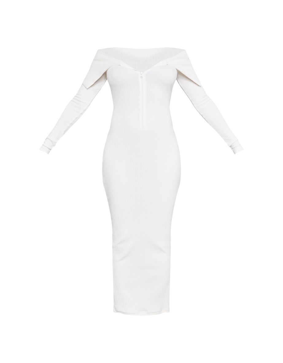 Cream Heavy Rib Fold Over Bardot Maxi Dress - 4