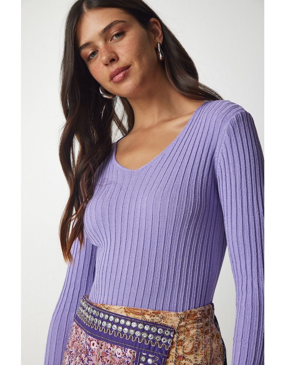 Knitted V-Neck Purple Blouse