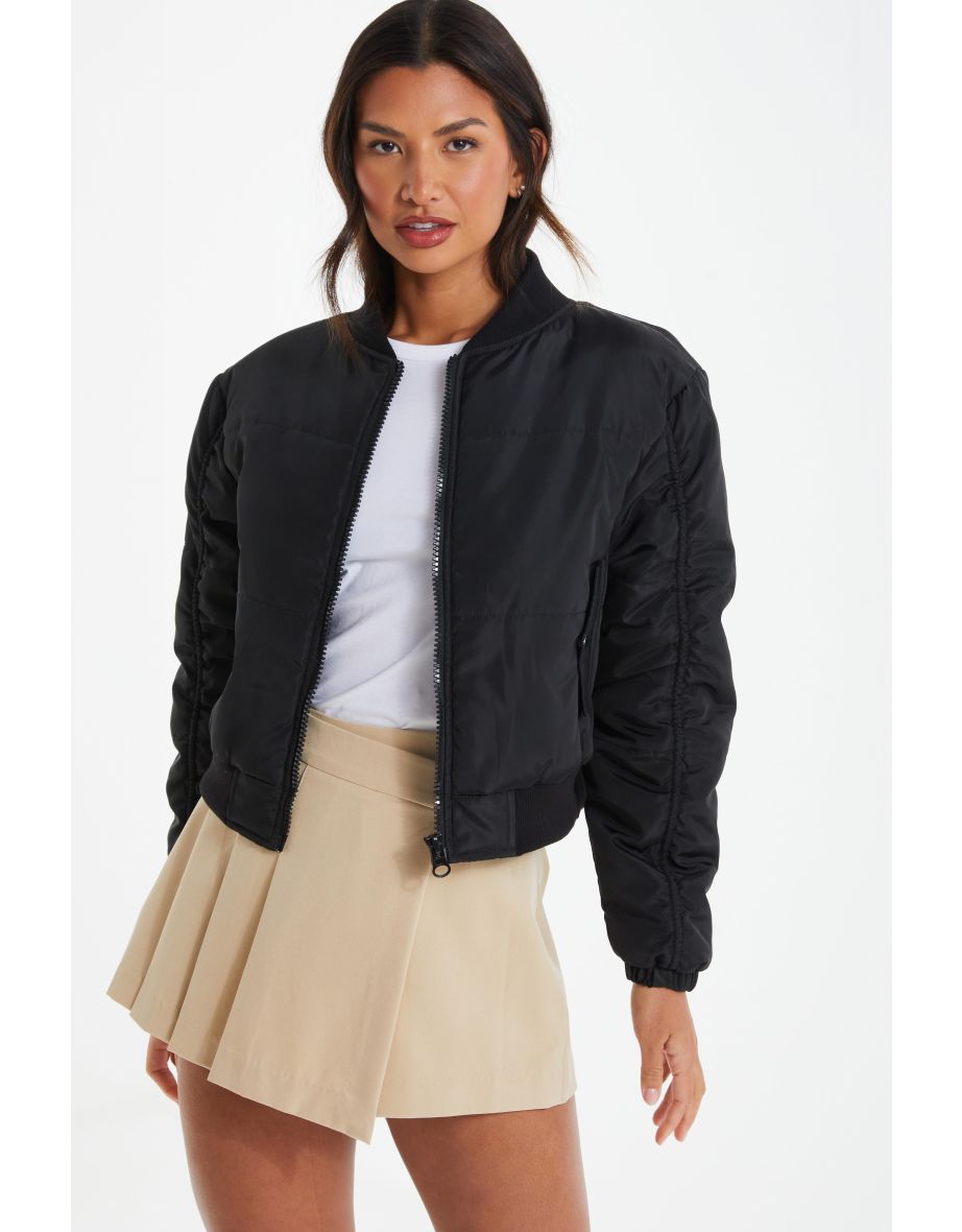 Black Ruched Sleeve Bomber Jacket